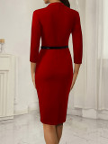 Fake Two-Piece Career Bodycon Fashion Dresses for Women Belt V-Neck Solid Color Dress