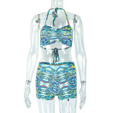 Fashion Low-Back Printed Halter Neck Top & Bodycon Shorts Two-Piece Set for Casual Holidays