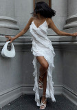 Patchwork Ruffle Strap Sexy Slit Long Dress