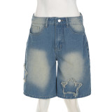Fashion Street Star Patch Low-Waist Wide-Leg Mid-Length Denim Pants