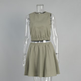 Round Neck Vest & Pleated Skirt Set Spring Summer Linen Comfortable Casual Short Skirt Set for Women
