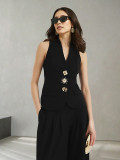 Women's Chic Elegant Solid Color V-Neck Sleeveless Vest & High-Waist Wide-Leg Trousers Set