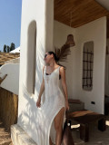 Straps Sexy Knitted Beach Cover-Up Low-Back Slit V-Neck High-Waist Slim Dress
