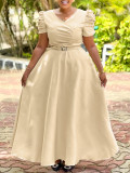 Elegant V-Neck Short Sleeve Solid Color High-Waist Swing Long Dress