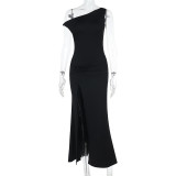 Chic Off-Shoulder Slit Dress Spring Slim Long Dress for Women