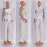 African Plus Size Women's Solid Color Beaded Mesh Casual Fashion Pants Set