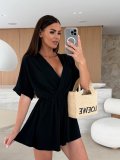 Summer V-Neck Fashion Casual Slim Waist Solid Color Jumpsuit for Women