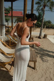 Straps Sexy Knitted Beach Cover-Up Low-Back Slit V-Neck High-Waist Slim Dress