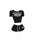 Women sexy Letter print Stretchy sports style short sleeve Top and Lace-up Shorts Two-piece Set