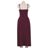 Spring Women's Square Neck Strap Retro Slim Midi Dress