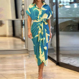 Women Turndown Collar Maxi short-sleeved shirt dress