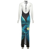 Women Summer Sexy Flower Print Halter Neck Crop Bodycon Dress