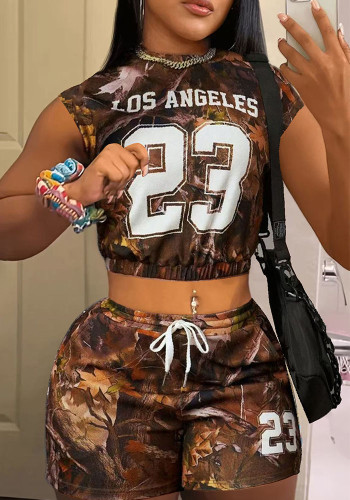 Women Drawstring Sports Leaf Print Casual Shorts