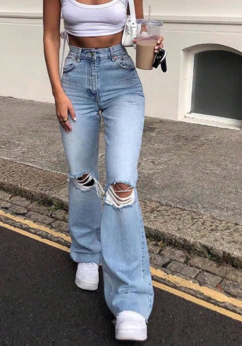 Women Ripped Stretchy Denim Wide-Leg Pants