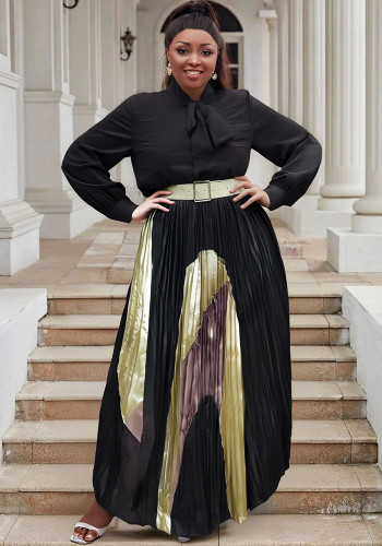Plus Size Women lace-up long sleeve color matching pleated dress