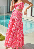 Women Pink Floral Knot Hollow Top and Skirt Two-Piece Set