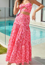 Women Pink Floral Knot Hollow Top and Skirt Two-Piece Set