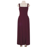 Spring Women's Square Neck Strap Retro Slim Midi Dress