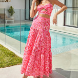 Women Pink Floral Knot Hollow Top and Skirt Two-Piece Set
