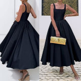 Women autumn sexy solid shoulder strap maxi dress