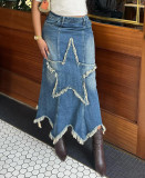 Women Half Star Patch Washed Denim Skirt