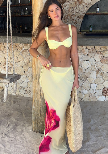 Women printed mesh long skirt Swimwear  Three-Piece