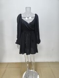Women sexy hollow lantern sleeve v-neck off-shoulder dress
