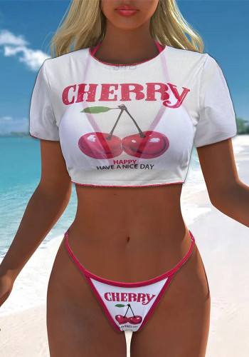 Women Print Top Mesh Cover-up Sexy Swimwear  Set