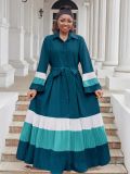 Plus Size Women color matching ruffled Bell Bottom sleeve Turndown Collar pleated chiffon dress