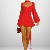 Women sexy hollow lantern sleeve v-neck off-shoulder dress