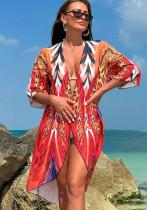 Women Cover-up Print Holidays Robe Bikini Sun Protection Shirt Beach Dress