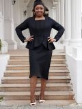 Plus Size Women deep U-neck long sleeve ruffled bodycon dress