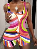 Women Summer Sexy Print Suspender U-neck Jumpsuit