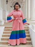 Plus Size Women color matching ruffled Bell Bottom sleeve Turndown Collar pleated chiffon dress