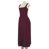 Spring Women's Square Neck Strap Retro Slim Midi Dress