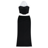 Women Summer Sexy See-Through Contrast Halter Neck Top and Skirt Two-Piece Set