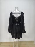 Women sexy hollow lantern sleeve v-neck off-shoulder dress