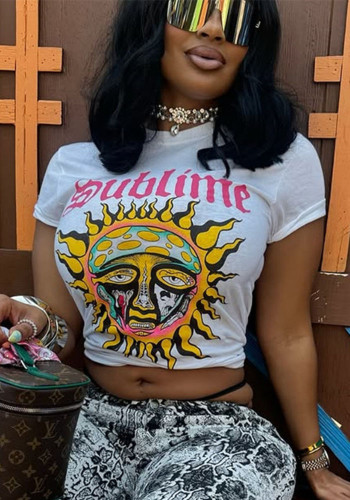 Women Spring Summer Printed Round Neck Short Sleeve T-shirt