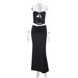 Women Summer Sexy See-Through Contrast Halter Neck Top and Skirt Two-Piece Set