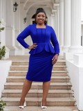 Plus Size Women deep U-neck long sleeve ruffled bodycon dress
