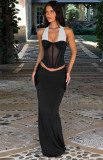 Women Summer Sexy See-Through Contrast Halter Neck Top and Skirt Two-Piece Set