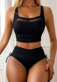 Women solid mesh patchwork drawstring Two Pieces Swimwear