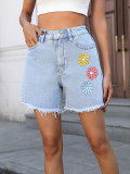Women Floral Print Wide-Leg Denim Shorts