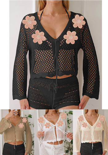 Women Lace-Up hollow embroidered flower Patchwork beach sunscreen long sleeve cover-up
