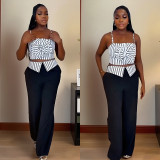Women Striped Strapless Suspender Top and Pants Two-Piece Set