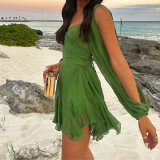 Women sexy hollow lantern sleeve v-neck off-shoulder dress