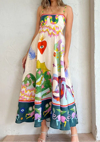 Women Elegant Print Suspender Dress