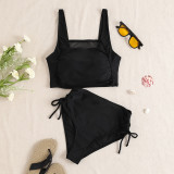 Women solid mesh patchwork drawstring Two Pieces Swimwear