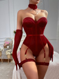 Sexy Chocker Strapless Women's Bodysuit with Leg Ring Lingerie Set