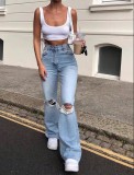 Women Ripped Stretchy Denim Wide-Leg Pants
